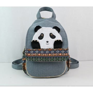 Mochila étnica de linho de algodão bordado com panda